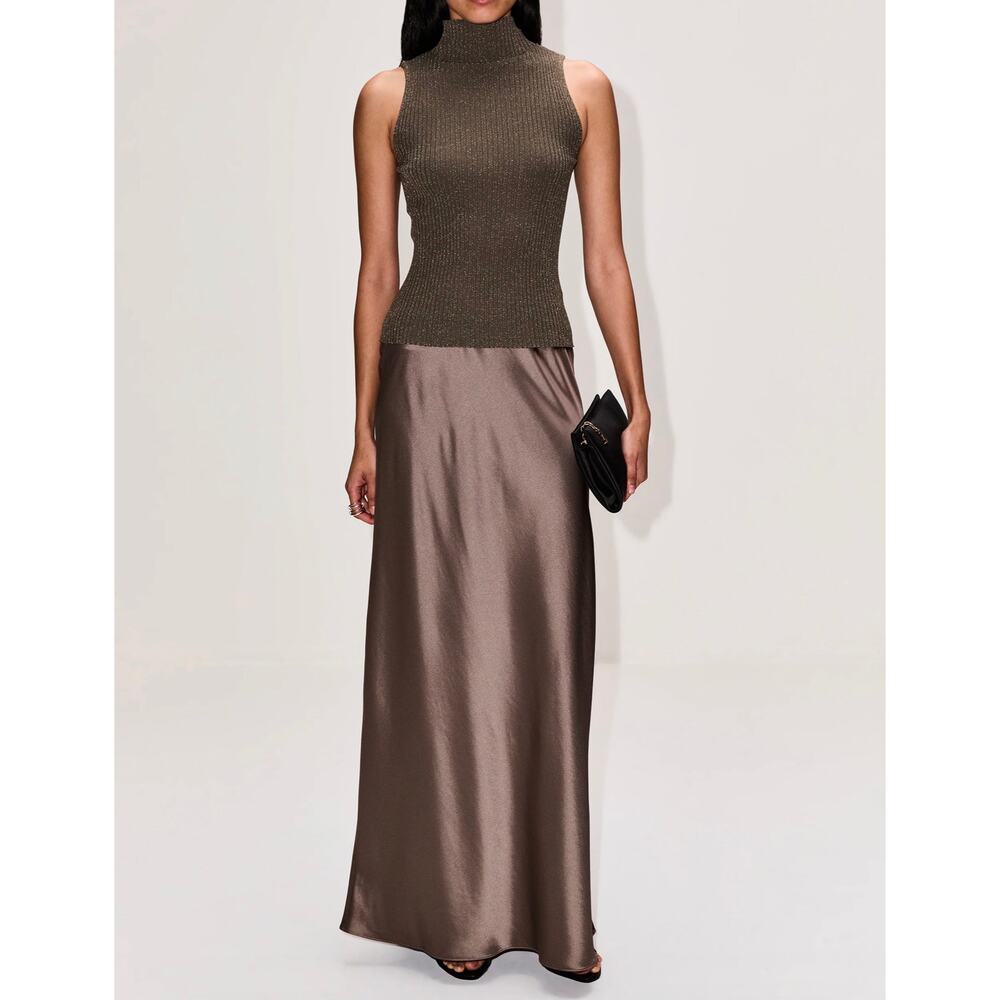 NWT LESET Barb Bias Maxi Skirt Taupe Size M Satin Acetate Made in USA - Picture 2 of 6